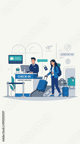 Traveler checking in luggage at airline airport counter, clean minimalist flat vector illustration.