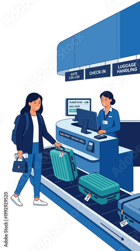 Female traveler checking in luggage at airport bag drop counter in modern terminal flat vector illustration