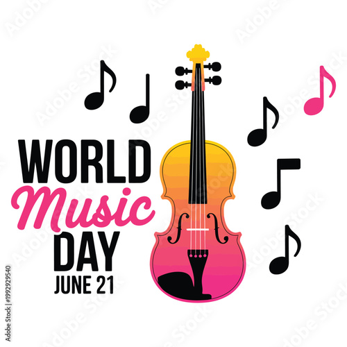 World Music Day June 21 Illustration with Colorful Violin and Musical Notes Typography Design