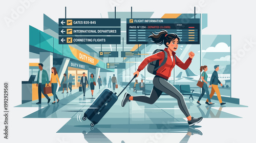 Panicked young woman running with suitcase through busy airport terminal, flat vector illustration
