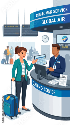 Frustrated traveler complaining about flight delay at airport service desk, flat vector illustration