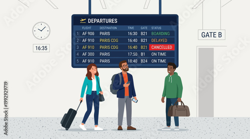 Diverse frustrated travelers viewing cancelled flights on airport board, flat vector illustration
