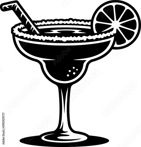 Margarita cocktail with salted rim, straw, and citrus garnish in a classic glass outline illustration