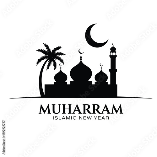 Minimalist Mosque Silhouette with Crescent Moon and Palm Tree for Muharram Islamic New Year