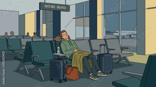 Tired man sleeping with luggage during a flight delay in an airport lounge illustration.