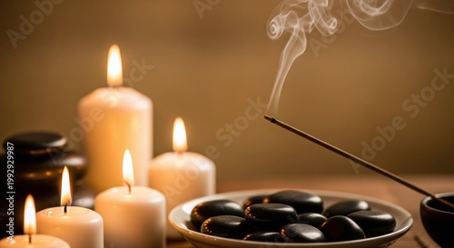 Relaxing Spa Setting with Candles, Hot Stones and Incense Smoke