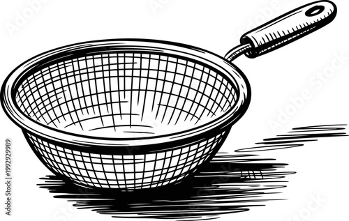Metal kitchen strainer with handle hand drawn illustration of wire mesh sieve for cooking and food preparation
