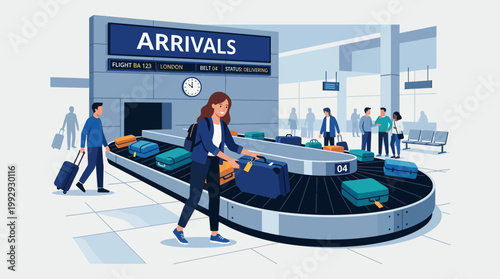 Young woman picking up her luggage from baggage carousel in airport arrivals hall flat vector illustration.