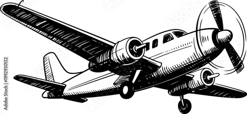Vintage twin engine propeller airplane in flight, detailed black and white illustration