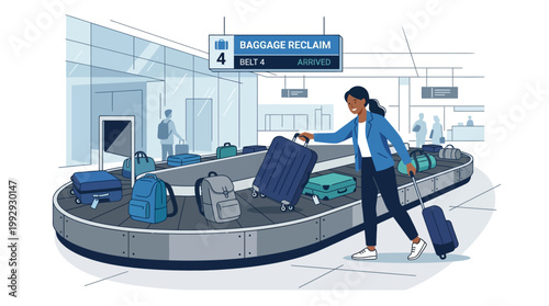 Young woman picking up suitcase at airport baggage reclaim in modern flat vector illustration