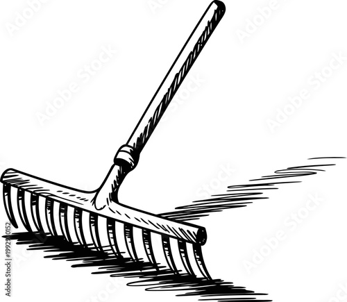Garden rake with wooden handle, vintage hand drawn illustration, outdoor tool for landscaping and yard maintenance