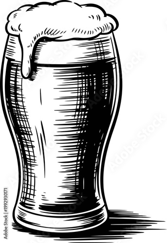 Cold foamy beer in a tall glass with thick head, detailed hand drawn black and white illustration of beverage refreshment