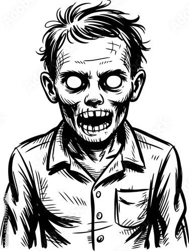 Zombie illustration undead creature with blank eyes, torn flesh, and tattered shirt