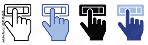 Digital interface element showing a human hand finger pushing an onoff toggle button, useful for software application development.