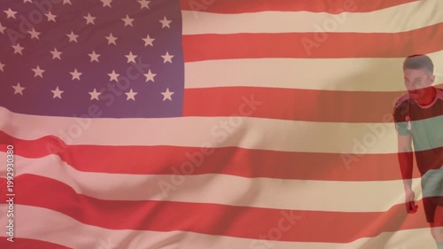 Vertical video: P3 stepping in, controlling ball and attacking left, flag overlay rippling over him