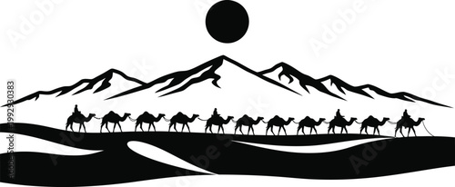 Black silhouette caravan of camels and riders crossing desert dunes with mountains and sun in background