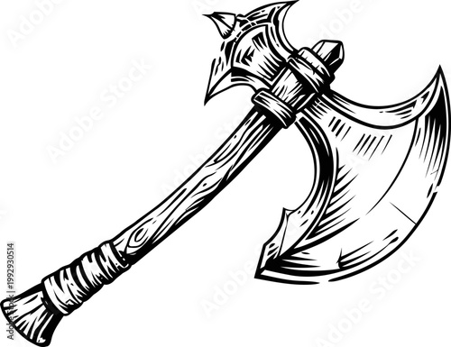 Medieval battle axe with double blade and wooden handle, detailed vintage weapon illustration for fantasy and historical themes