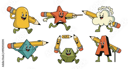 Cartoon shapes holding pencils isolated on white background for educational concepts