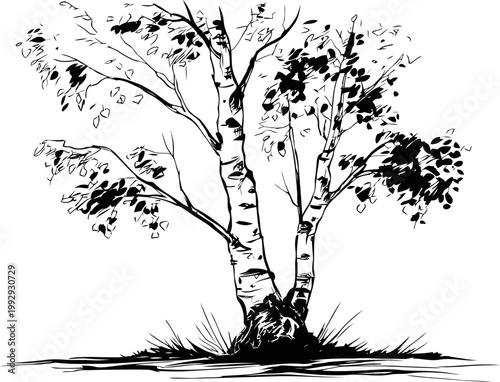 Black and white sketch of a birch tree with multiple trunks and detailed leaves, grass surrounding the base