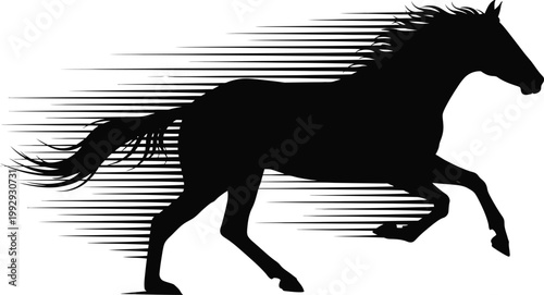Black silhouette of a galloping horse with speed lines running