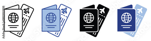 Passport and airline ticket icons for international travel, perfect for global tourism booking applications