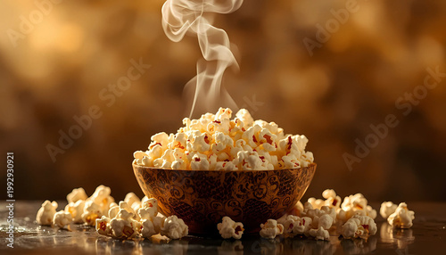 A steaming bowl of freshly popped popcorn on a dark surface