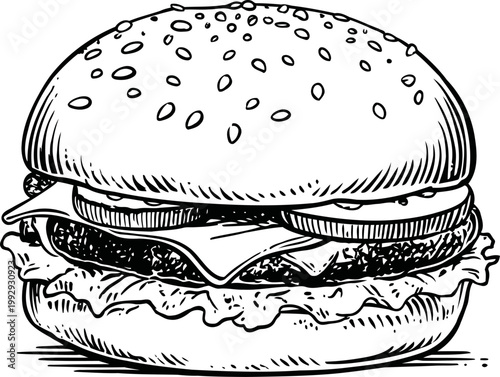 Classic hamburger with lettuce, cheese, tomato, and sesame seed bun illustration, vintage fast food drawing