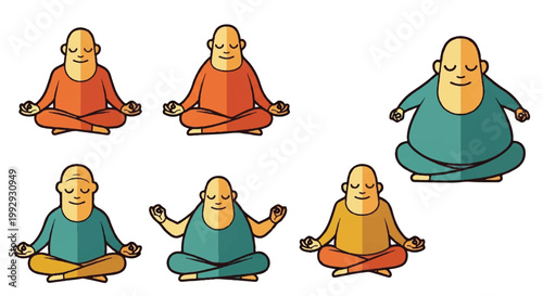 Meditating figures in various colors on white background
