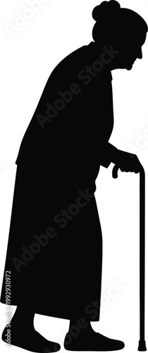 Black silhouette of an elderly woman with a cane walking senior old person walking stick