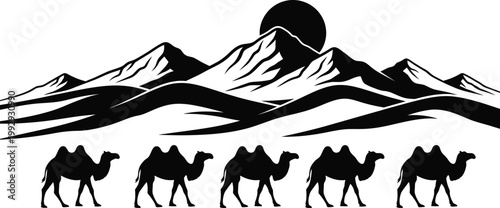 Black silhouette of five camels walking across a desert landscape with mountains and a sun in the background