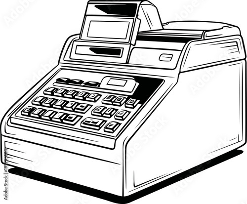 Vintage cash register with keypad and receipt printer, retro sales and payment machine illustration