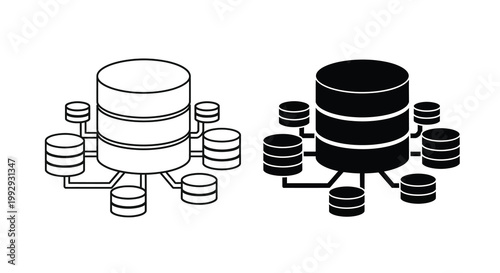 A black and white illustration depicts two cylindrical database structures each connected to smaller cylindrical components high quality