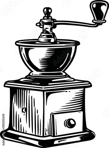 Vintage manual coffee grinder with crank handle and wooden base, classic kitchen tool for fresh ground coffee