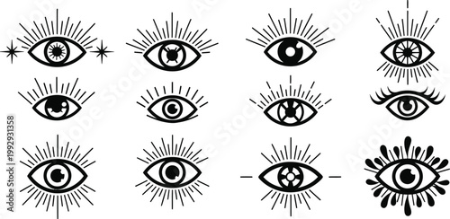 Collection of twelve black and white eye with radiating lines and various pupil symbol abstract