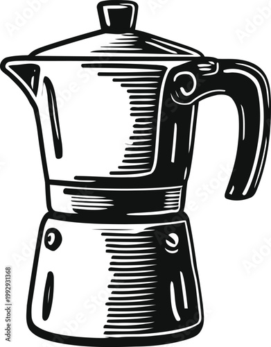 Classic moka pot with handle and lid, black and white illustration of stovetop coffee maker for espresso brewing