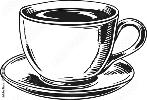 black coffee cup with saucer hand drawn vintage illustration of hot beverage in ceramic mug