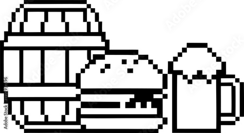 Pixel art beer barrel, frothy mug, and cheeseburger icon set in black and white