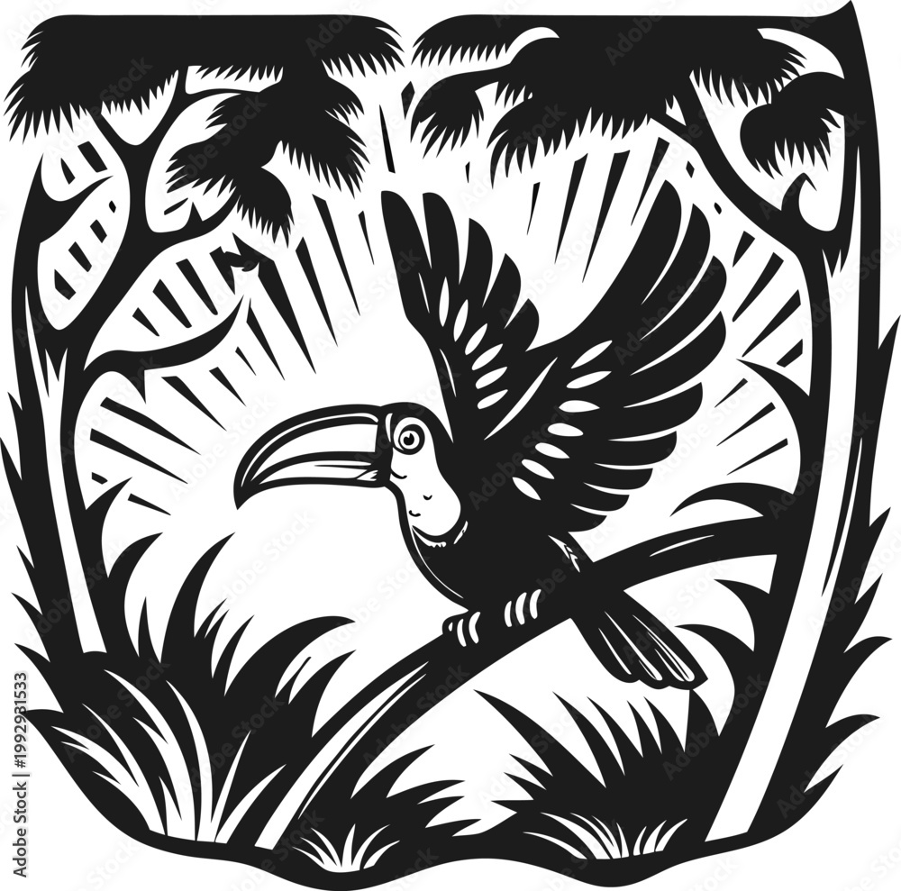 Fototapeta premium Toucan bird perched on branch in tropical jungle with lush plants and trees silhouette
