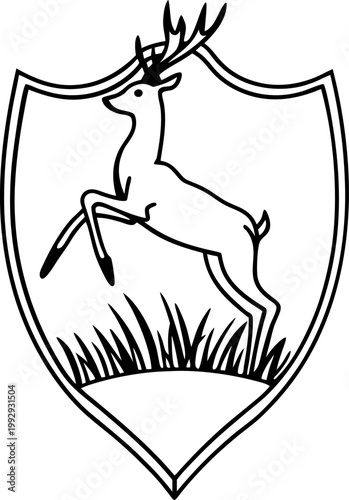Heraldic shield with a leaping stag above grass, outlined black and white design for emblem or logo use