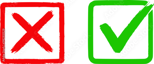 A vector graphic illustration of a red X and a green checkmark in square boxes