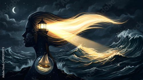 Motherhood concept illustration: mother as a guiding light and safe harbor in life’s storms. Motherhood concept illustration: mother as a guiding light and safe harbor in life’s storms.