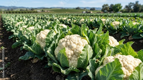 Cauliflower plants growing in a large field on a sunny day