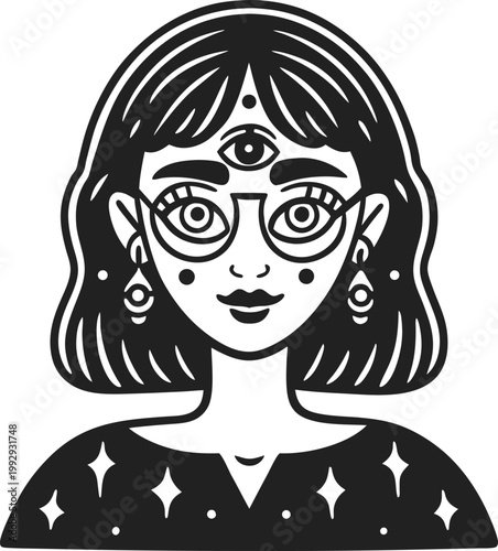 stylized mystic woman with third eye, wearing glasses and celestial patterned clothing