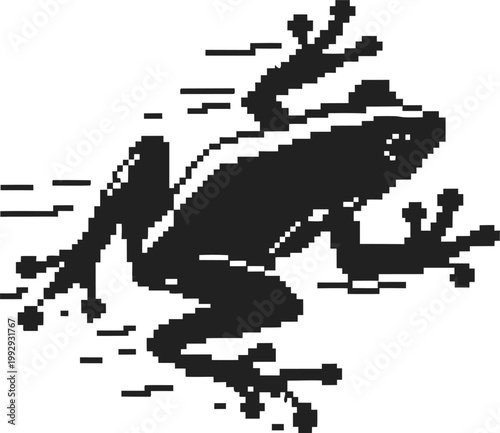 pixelated running frog silhouette with motion blur effect in black and white