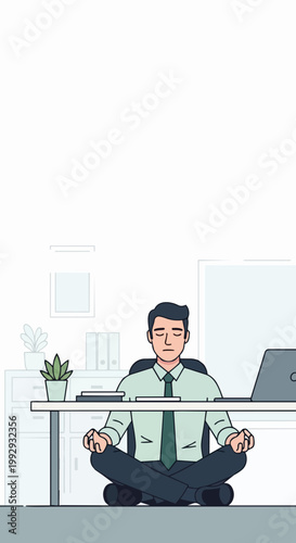 Business man meditating at desk, office yoga vector illustration. Calm businessman finding inner peace during work day. Corporate wellness concept for stress relief.