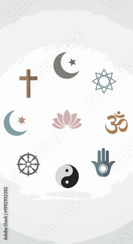Diverse religious symbols vector illustration showing unity and interfaith dialogue, promoting spiritual understanding and global harmony.