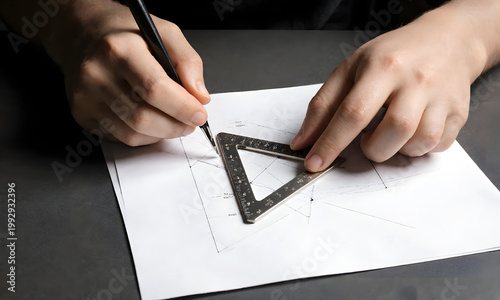 Hands using a ruler and pencil to draw geometric shapes on paper  