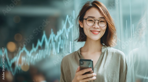 Successful Asian businesswoman with smartphone and stock market graph, professional female investor tracking financial data