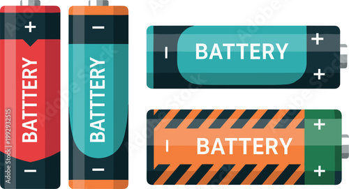 Colorful Flat Battery Icon Set with Red, Orange, Teal, and Green AA and Horizontal Battery Designs for Power and Energy Concepts