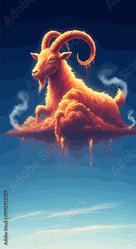 Golden goat constellation vector art on cloudy sky background, celestial zodiac sign for astrology and horoscope